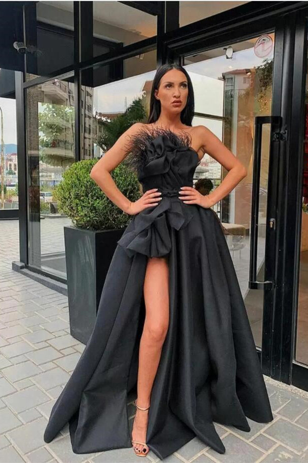 A-Line Strapless Split Front Feather Long Prom Dresses with Ruffles A-Line Strapless Split Front Feather Long Prom Dresses with Ruffles