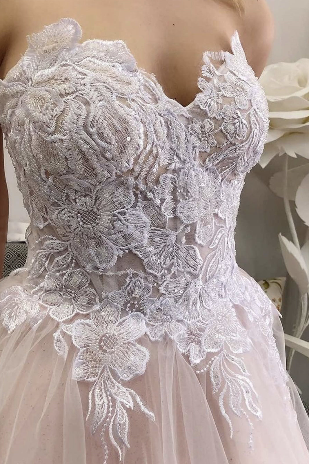 A-line Sweetheart Tulle Lace Formal Graduation Dresses Long Prom Dress