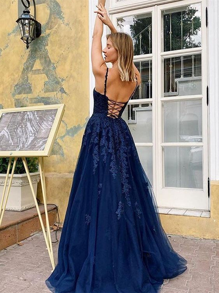 A Line V Neck Backless Lace Long Prom Dresses Dark Navy Formal Evening BIZTUNNEL A Line V Neck Backless Lace Long Prom Dresses Dark Navy Formal Evening BIZTUNNEL