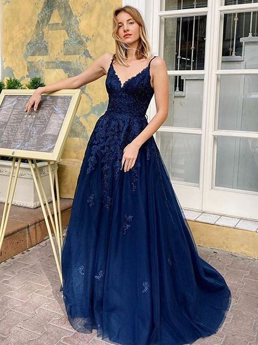 A Line V Neck Backless Lace Long Prom Dresses Dark Navy Formal Evening Gowns