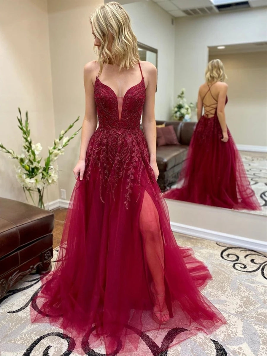 A Line V Neck Backless Lace Long Prom Dresses with Slit Backless Burgundy Tulle Formal Gowns A Line V Neck Backless Lace Long Prom Dresses with Slit Backless Burgundy Tulle Formal Gowns