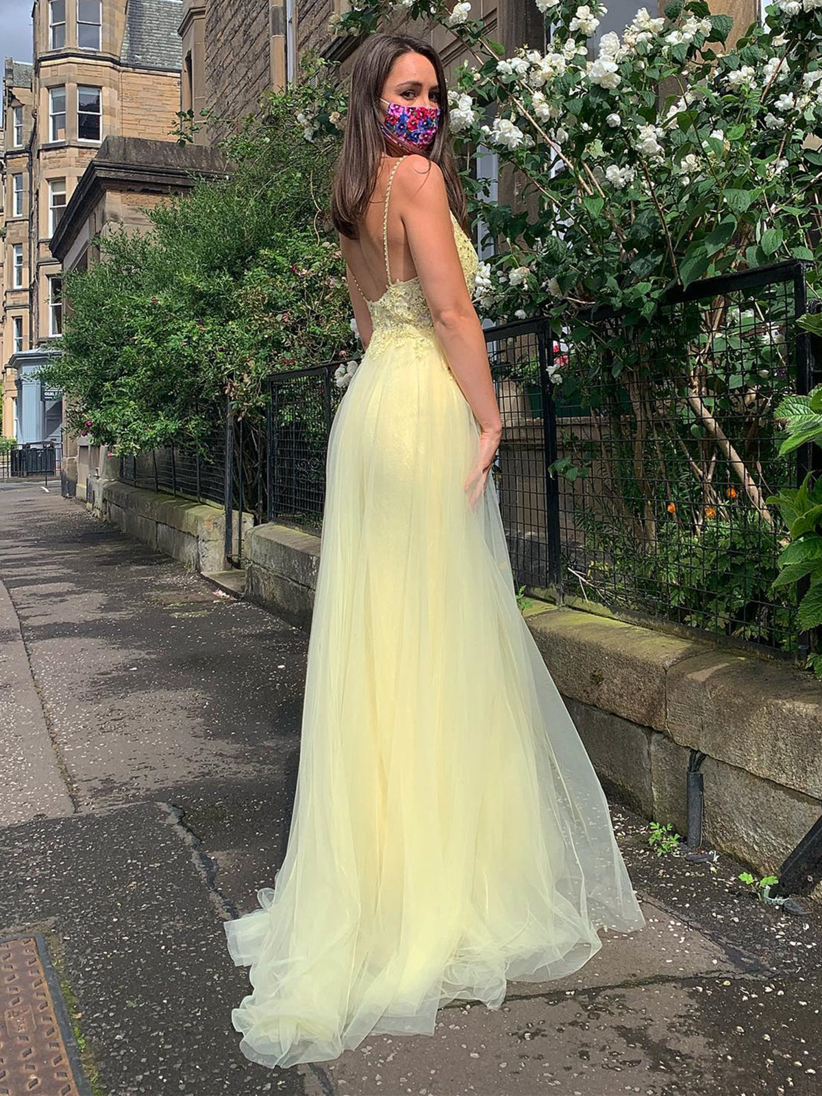 A Line V Neck Backless Lace Long Prom Dresses with Slit Yellow Formal Evening Gowns A Line V Neck Backless Lace Long Prom Dresses with Slit Yellow Formal Evening Gowns