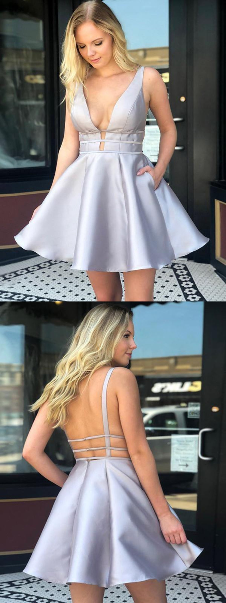 A Line V Neck Backless Short Prom Homecoming Satin Prom Dresses with Pockets A Line V Neck Backless Short Prom Homecoming Satin Prom Dresses with Pockets