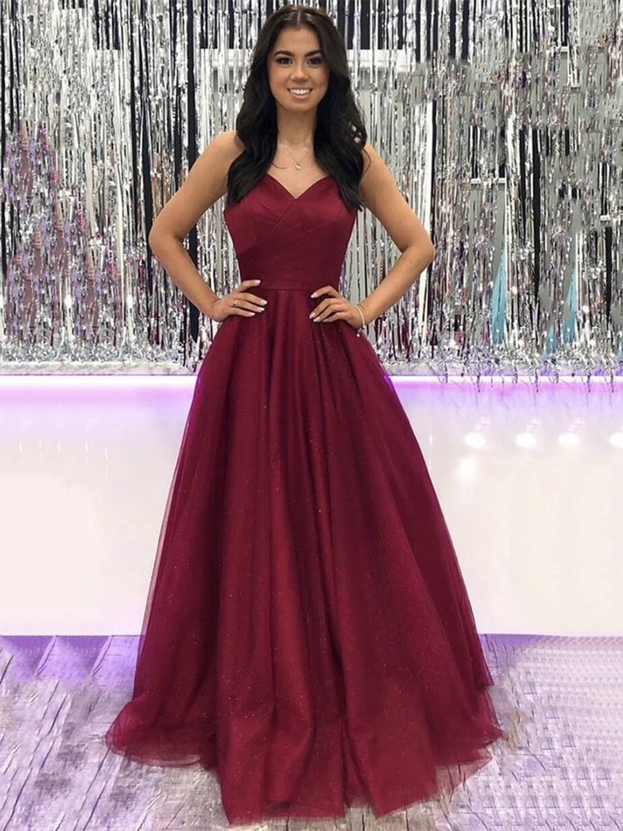 A-line V Neck Burgundy Tulle Long Prom Dresses Burgundy Formal Evening Gowns A-line V Neck Burgundy Tulle Long Prom Dresses Burgundy Formal Evening Gowns