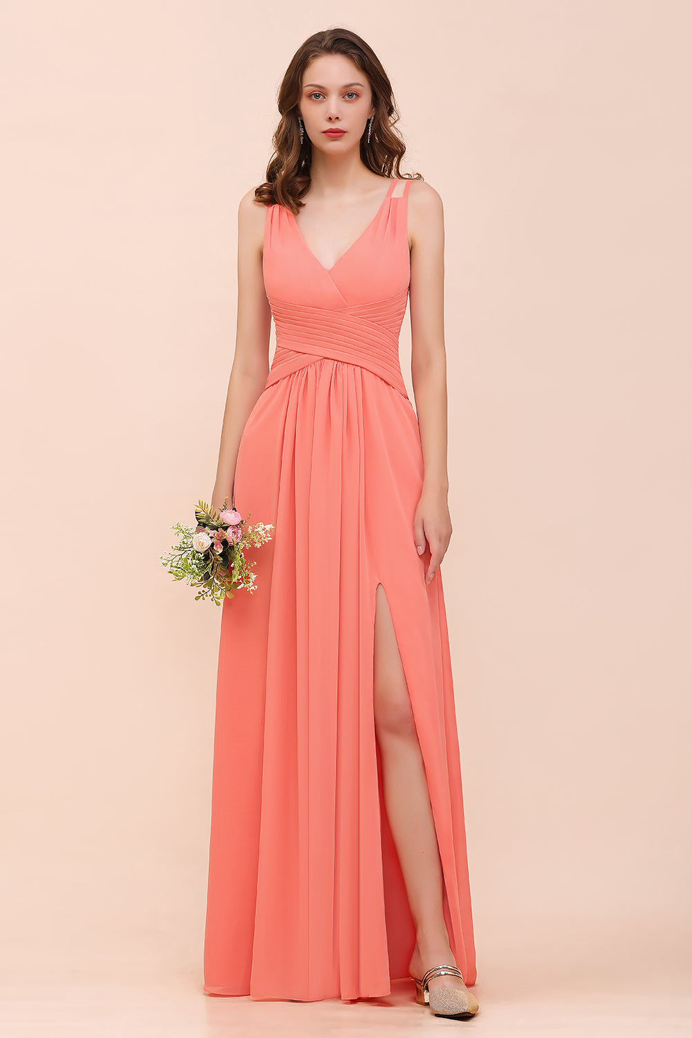 A-line V-neck Chiffon Ruffle Sleeveless Spaghetti Long Bridesmaid Dres –  BIZTUNNEL