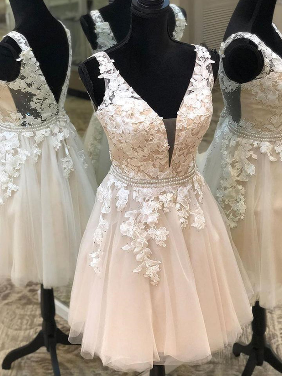 A-line V Neck Lace Floral Short Prom Dresses Backless Formal Graduatio –  BIZTUNNEL