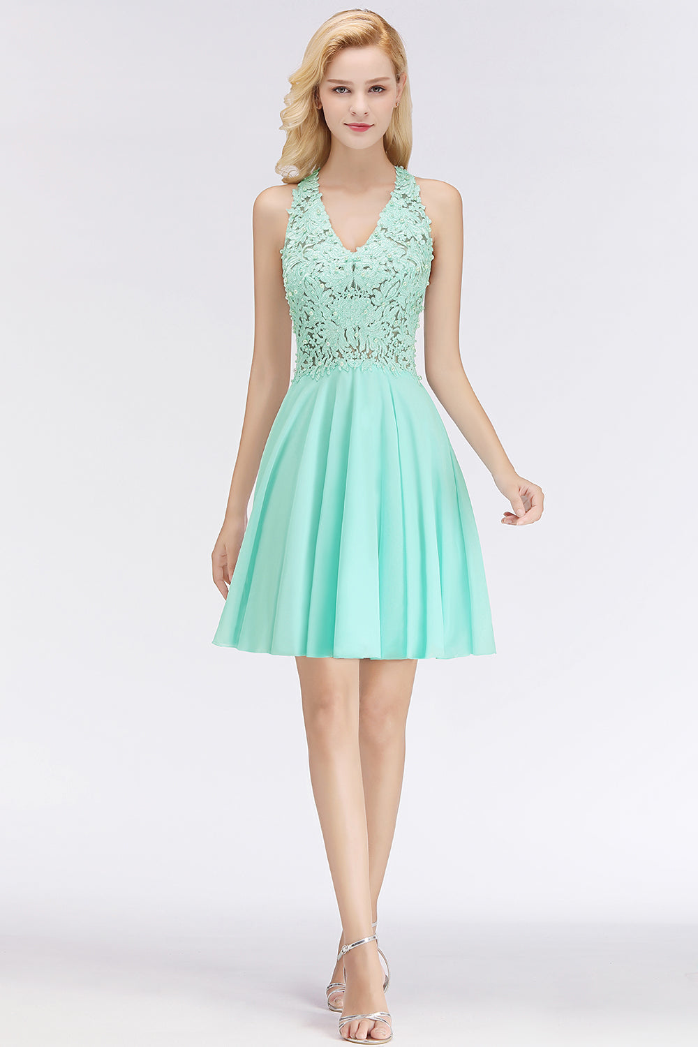 A-Line V-Neck Lace Sleeveless Short Sky Blue Bridesmaid Dress
