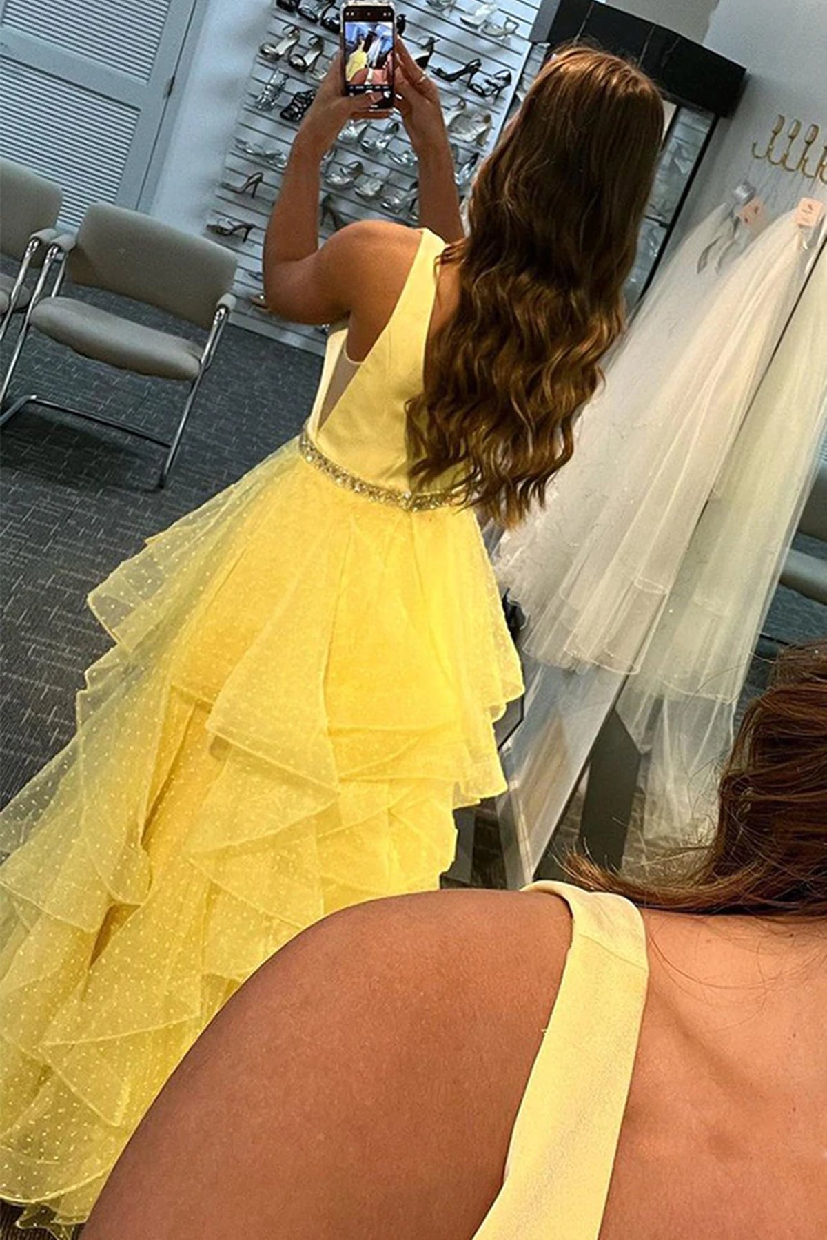 A-line V Neck Layered Tulle Long Prom Dresses with Belt Yellow A-line V Neck Layered Tulle Long Prom Dresses with Belt Yellow