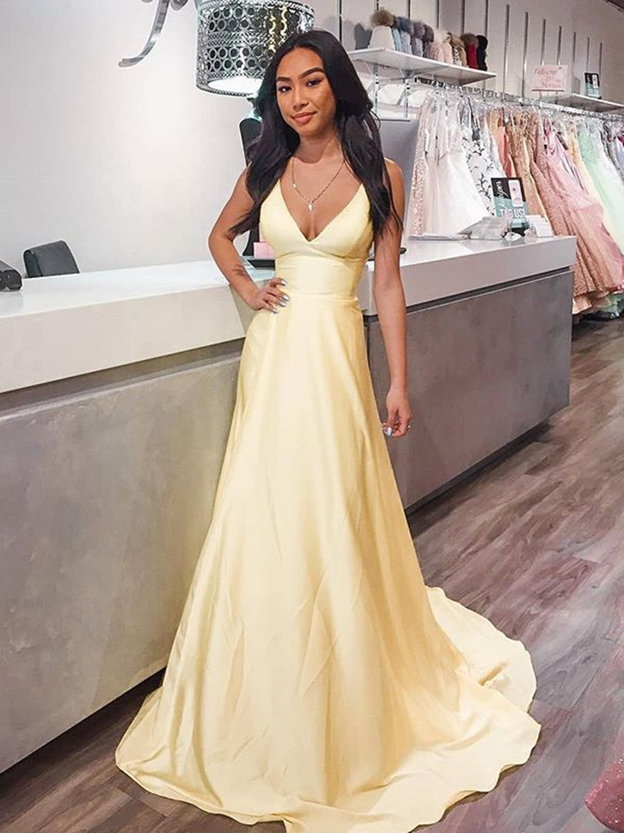 A-line V Neck Spaghetti Straps Satin Long Prom Formal Graduation Evening Dresses main image 1