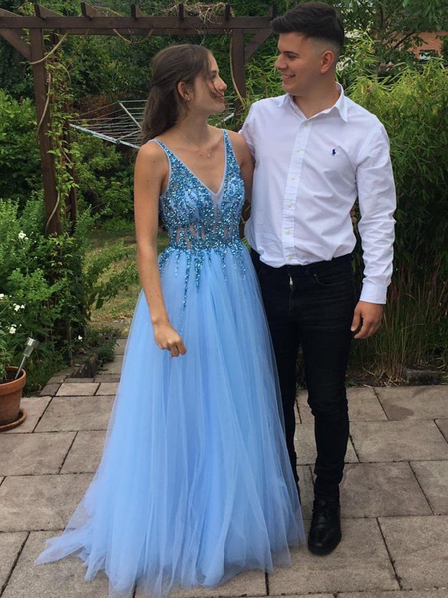 A Line Long Sleeves V Neck Long Prom Dresses, White Beach Wedding Dress with Beading UQ1721