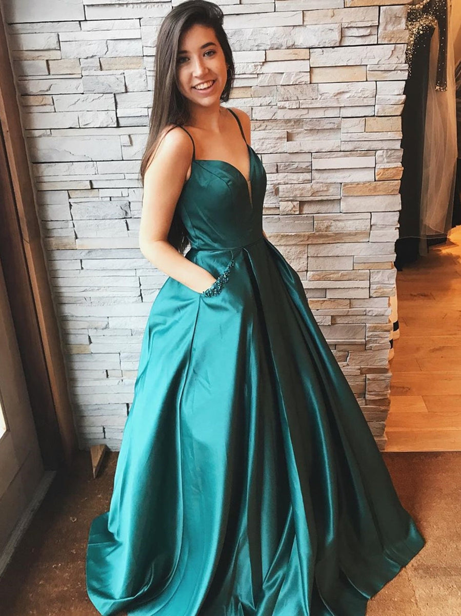 Long A-line V-neck Satin Backless Formal Evening Prom Dresses main image 1