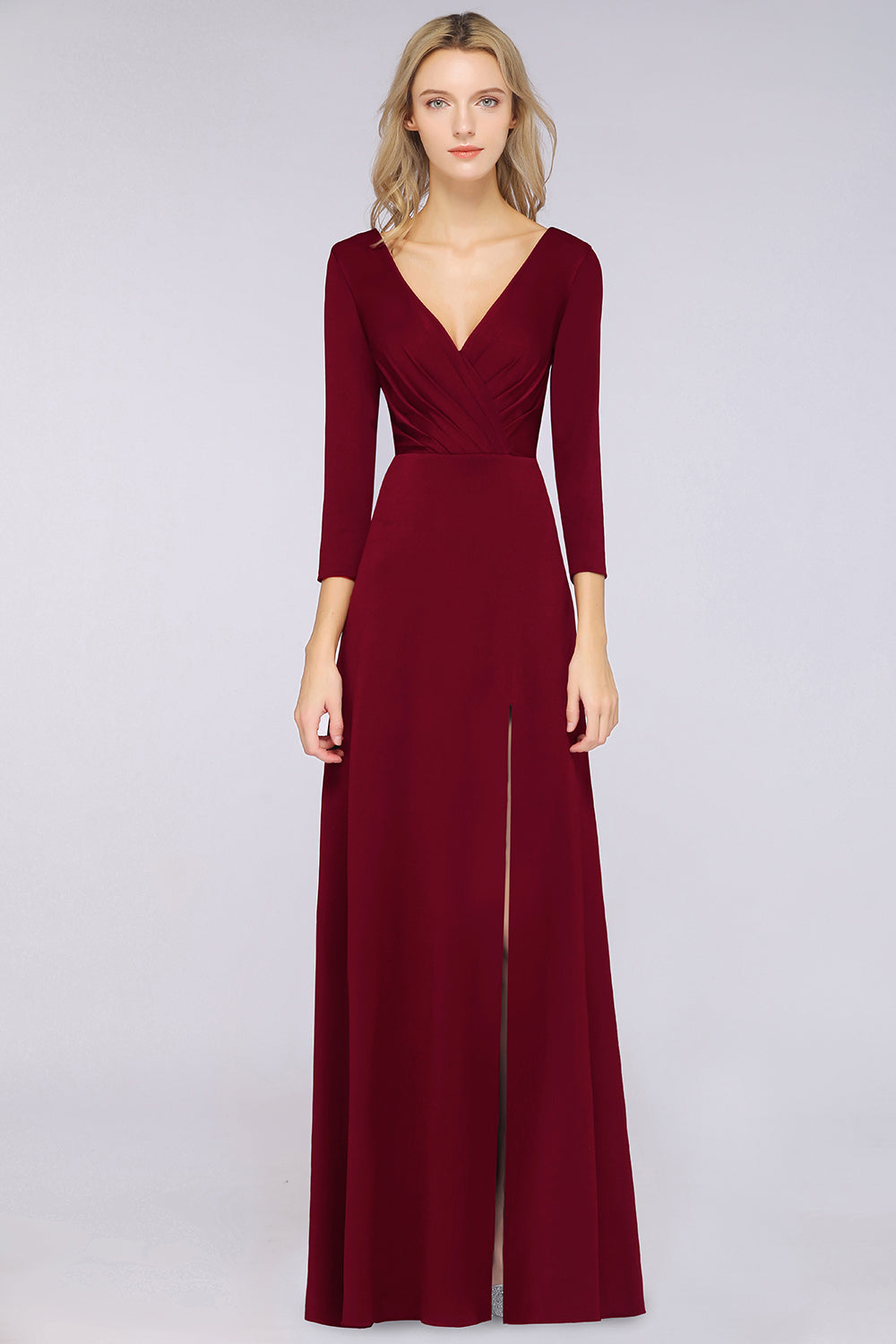 A-Line V-Neck Long Sleeves Burgundy Bridesmaid Dress with Slit A-Line V-Neck Long Sleeves Burgundy Bridesmaid Dress with Slit