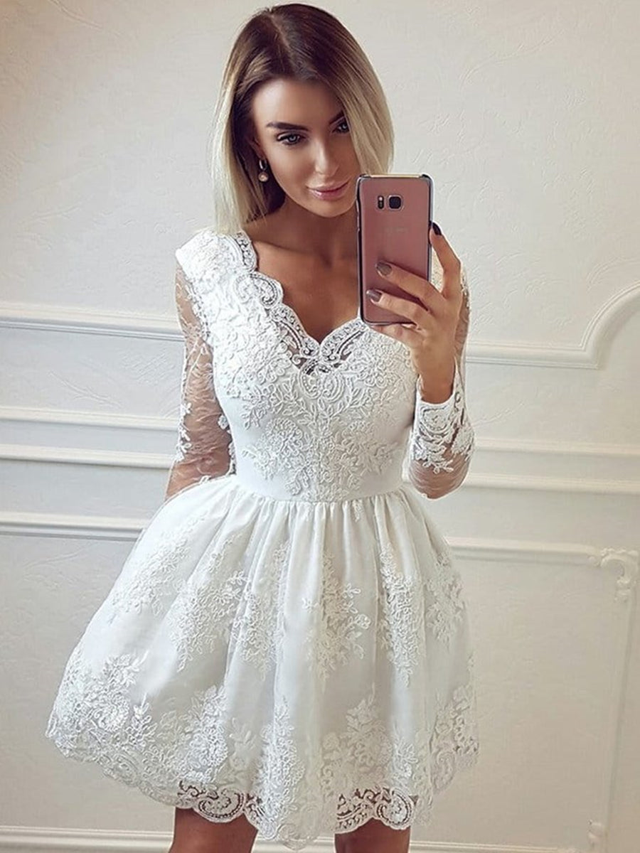 A-line V Neck Long Sleeves Lace White Short Prom Homecoming Dresses A-line V Neck Long Sleeves Lace White Short Prom Homecoming Dresses