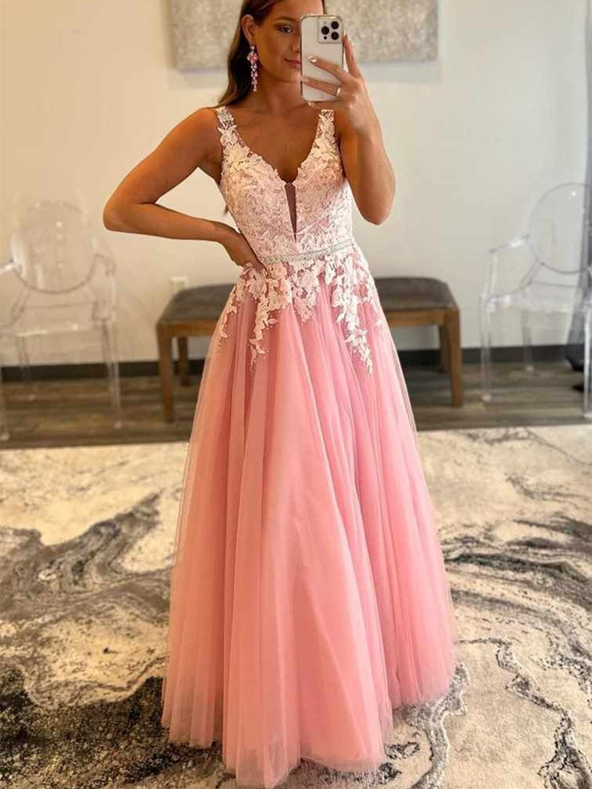 A-line V Neck Open Back Beaded Tulle Lace Long Prom Dresses Pink Eveni –  BIZTUNNEL