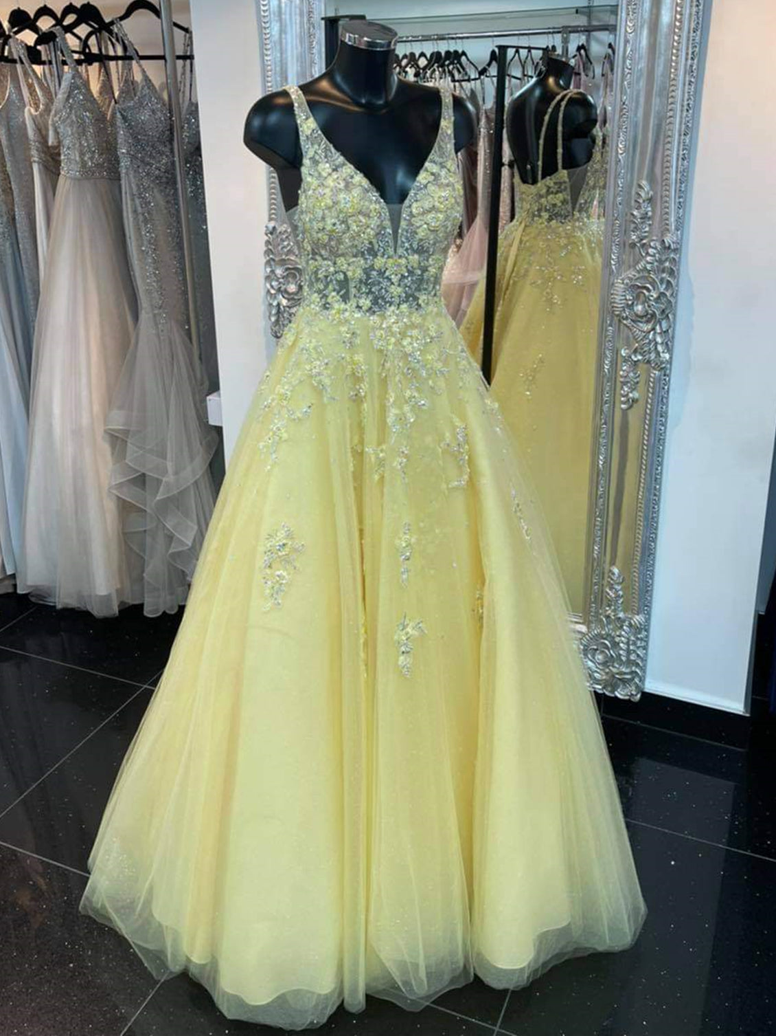 A-line V Neck Open Back Lace Floral Long Prom Dresses Yellow Tulle For –  BIZTUNNEL