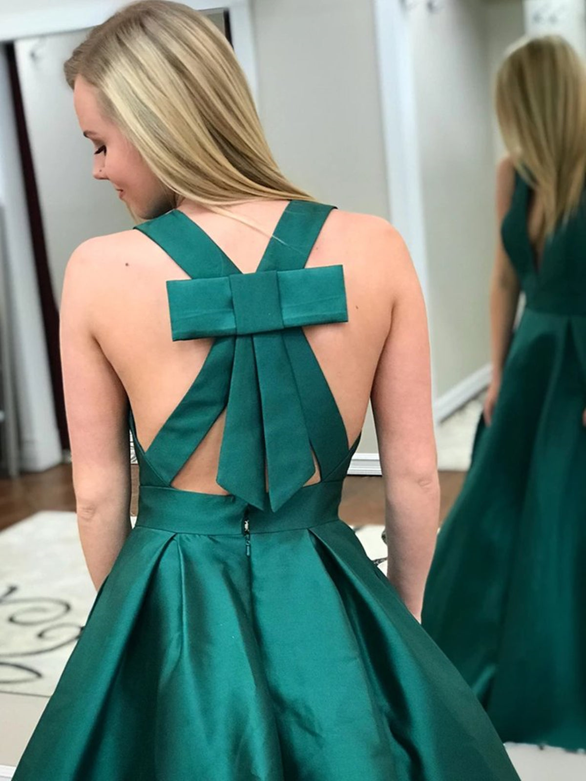 A-line V Neck Open Back Satin Long Prom Dresses with Pocket Green Form BIZTUNNEL A-line V Neck Open Back Satin Long Prom Dresses with Pocket Green Form BIZTUNNEL