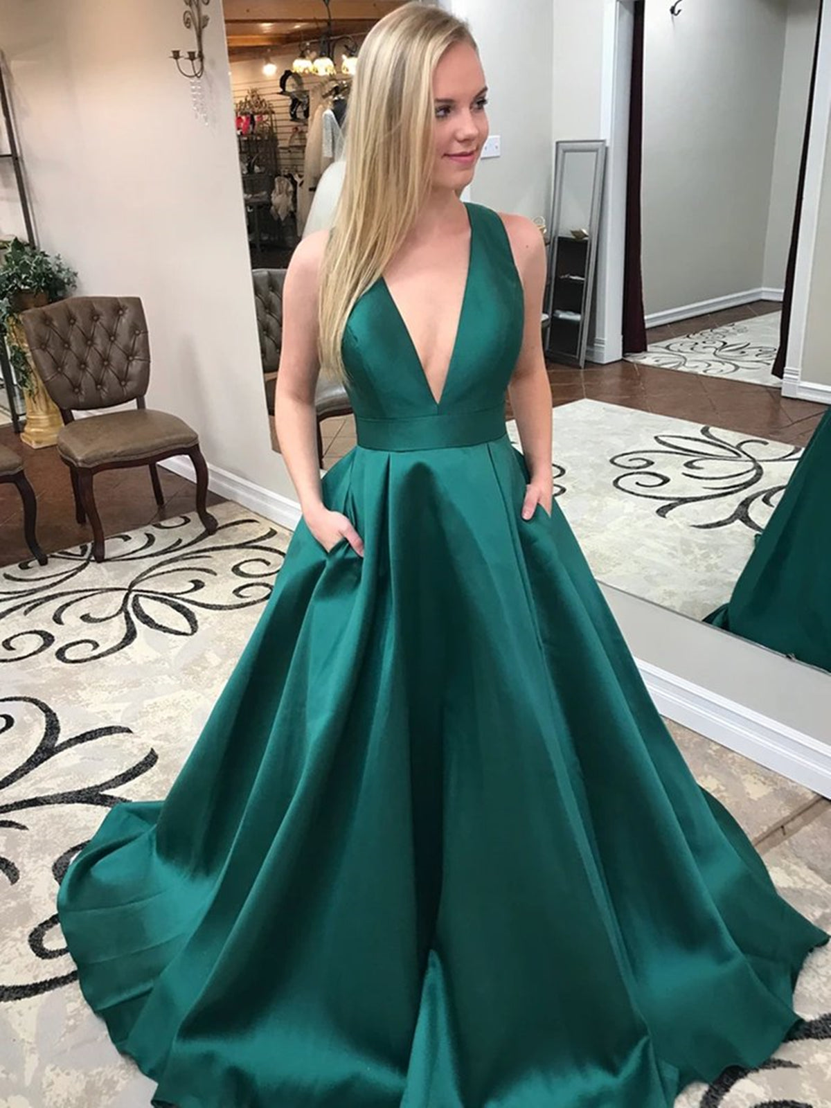 A-line V Neck Open Back Satin Long Prom Dresses with Pocket Green Formal Evening Gowns A-line V Neck Open Back Satin Long Prom Dresses with Pocket Green Formal Evening Gowns