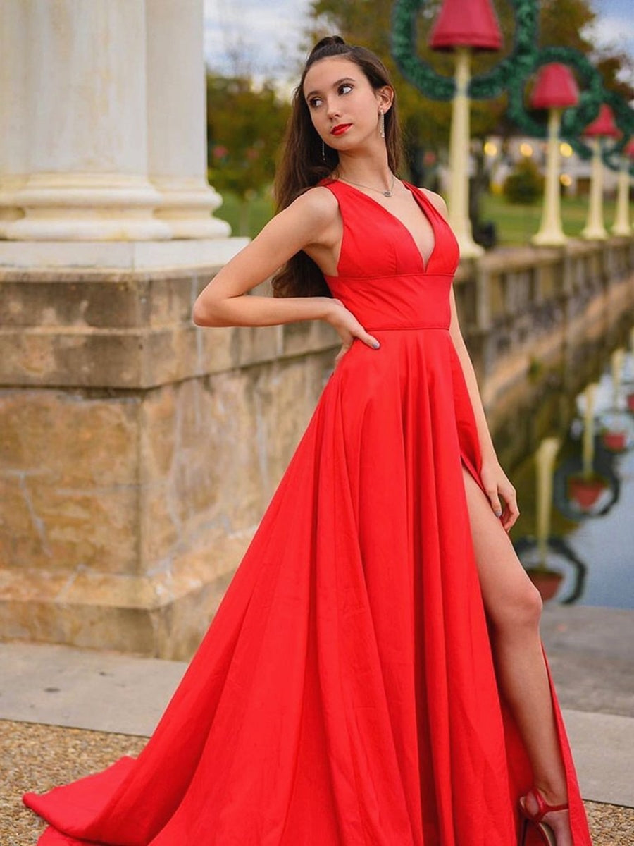 Long A Line V Neck Satin Backless Prom Dresses with Pockets Red Formal Graduation Evening Dresses