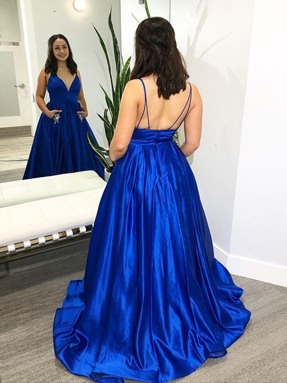 A-line V Neck Satin Long Prom Dresses with Pockets Royal Blue Backless A-line V Neck Satin Long Prom Dresses with Pockets Royal Blue Backless