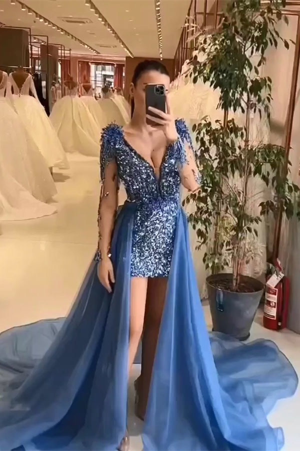 A-line V-neck Sequined Long Sleeveless Formal Prom Dresses with Long Detachable tail A-line V-neck Sequined Long Sleeveless Formal Prom Dresses with Long Detachable tail
