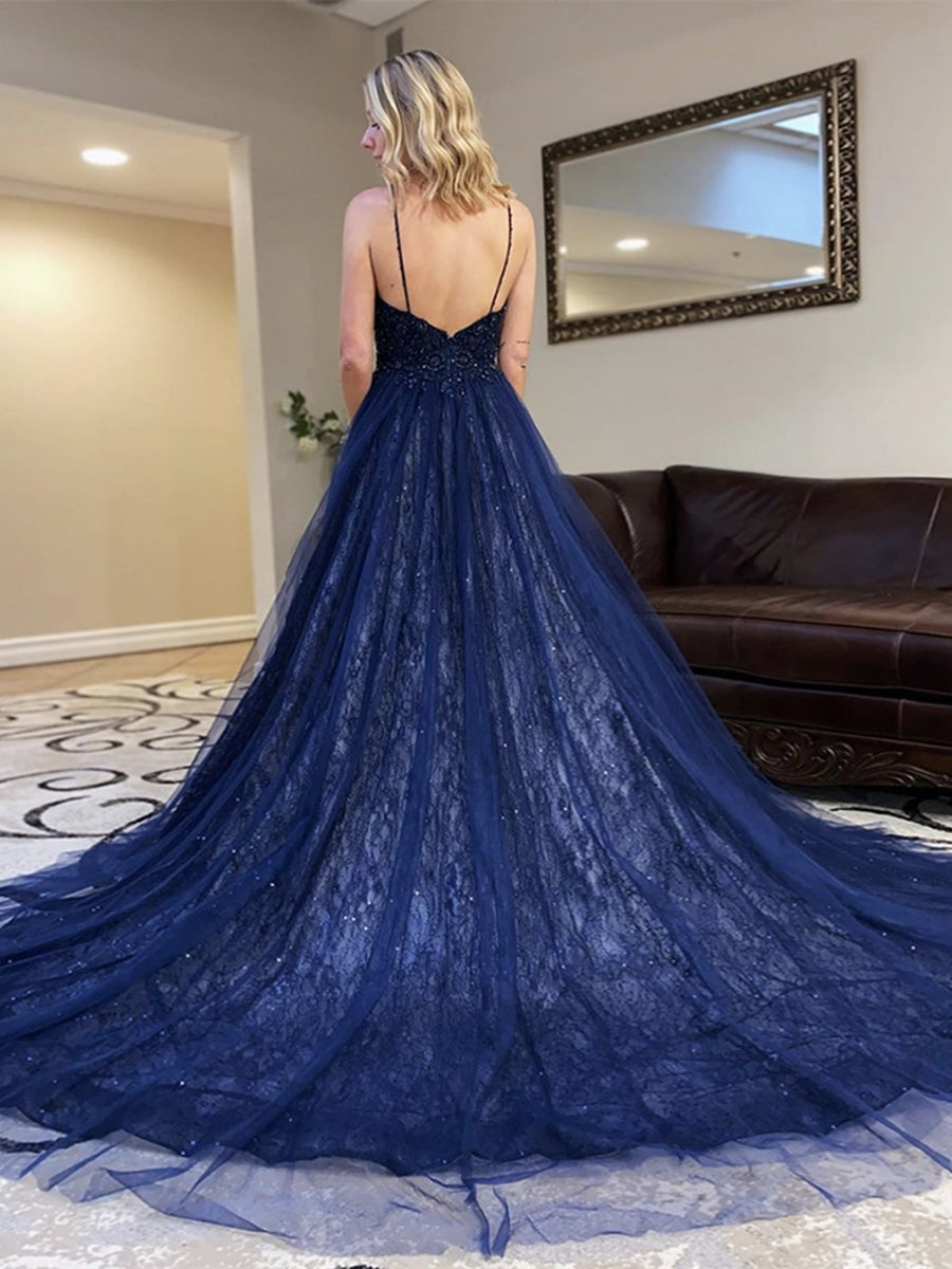A-line V Neck Sequins Backless Tulle Long Prom Dresses Dark Navy Forma BIZTUNNEL A-line V Neck Sequins Backless Tulle Long Prom Dresses Dark Navy Forma BIZTUNNEL