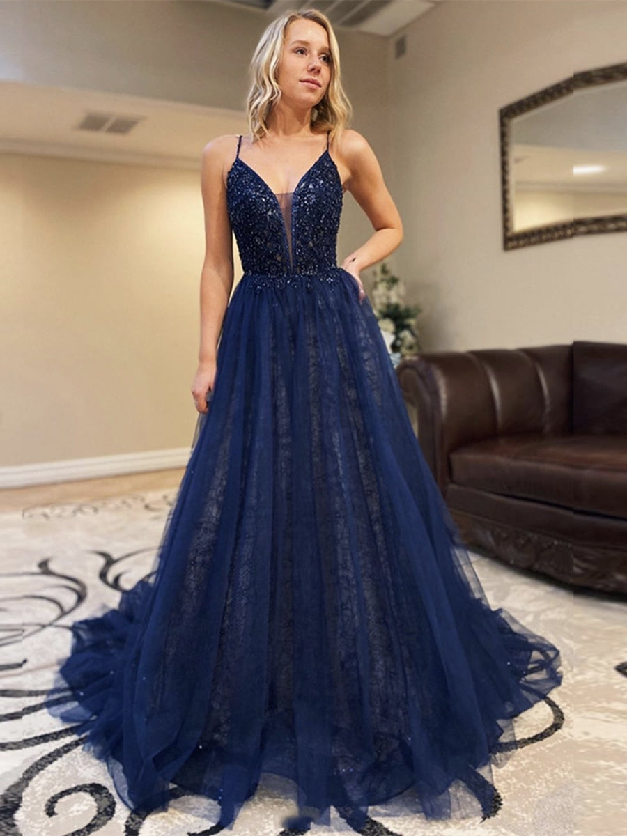 blue dress for baby girl Elegant A Line Open Back Navy Blue Long Prom Dress, Long Dark Blue For –  abcprom main image 1