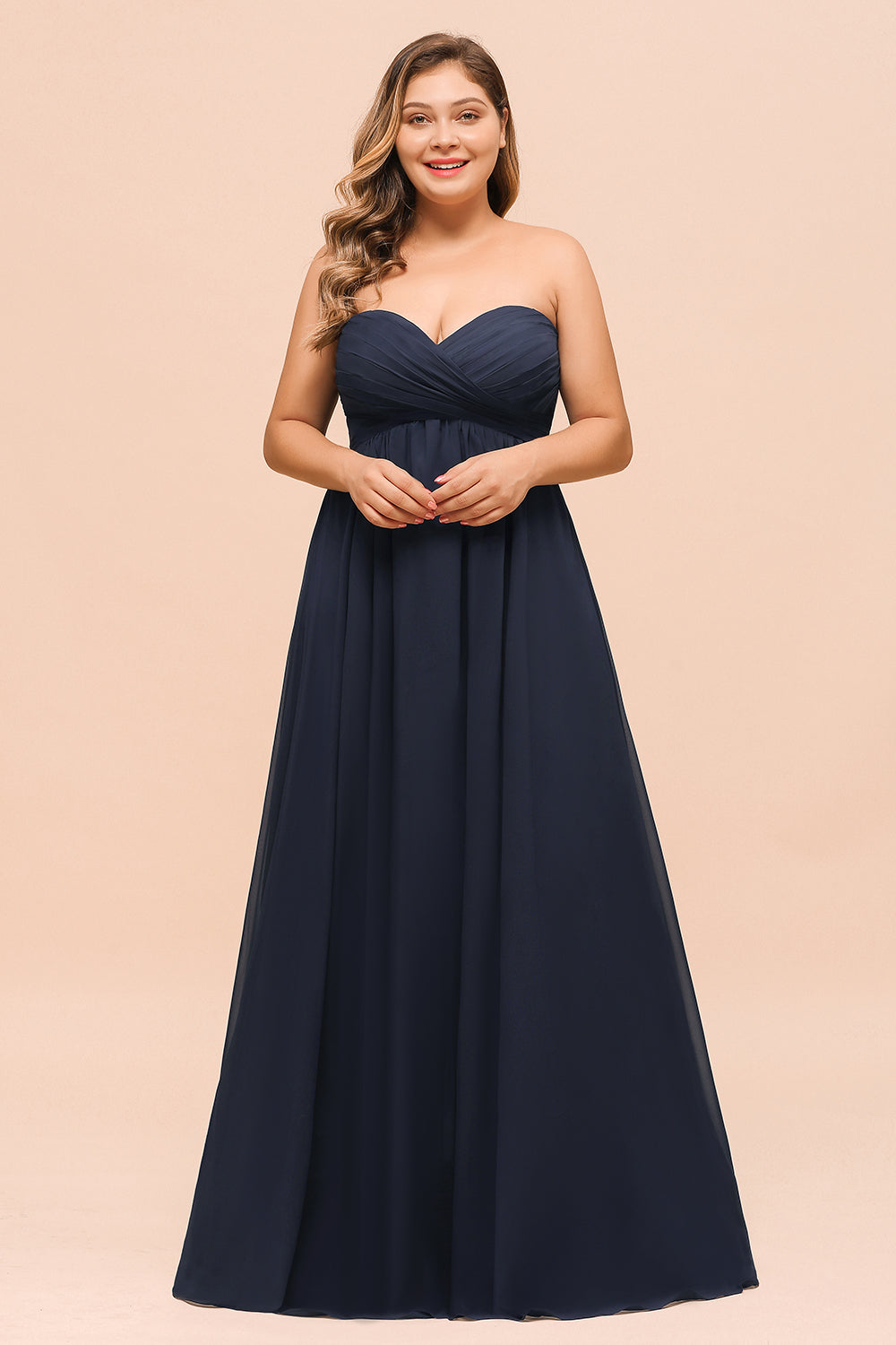 blue dress for baby girl Affordable Dark Navy Long Sweetheart Chiffon Plus Size Bridesmaid Dress main image 1