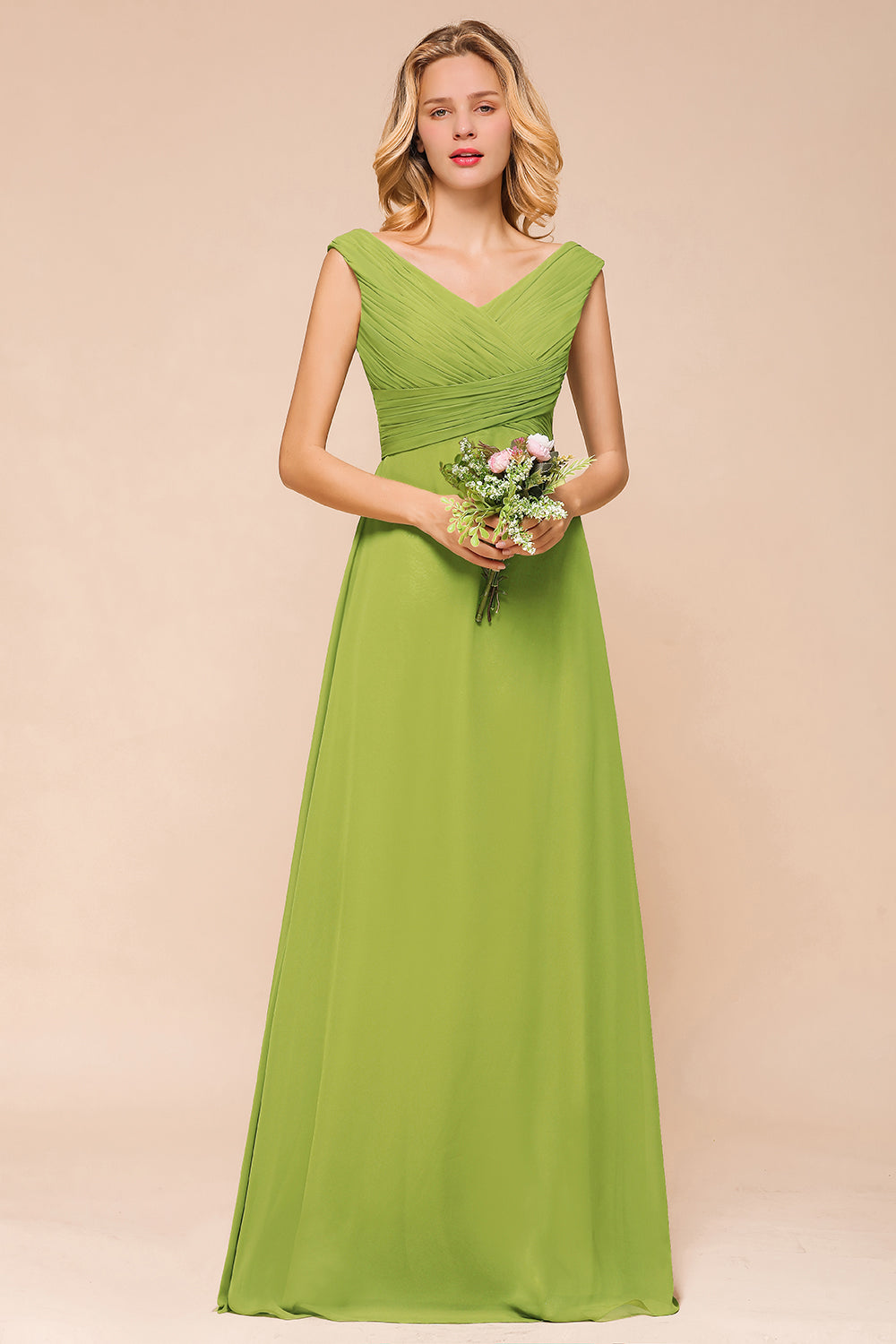chinese dress ladies Affordable Green A-Line V-Neck Chiffon Long Bridesmaid Dress