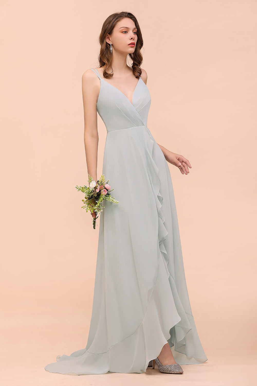 Affordable High Low A-Line V-Neck Chiffon Sleeveless Bridesmaid Dress