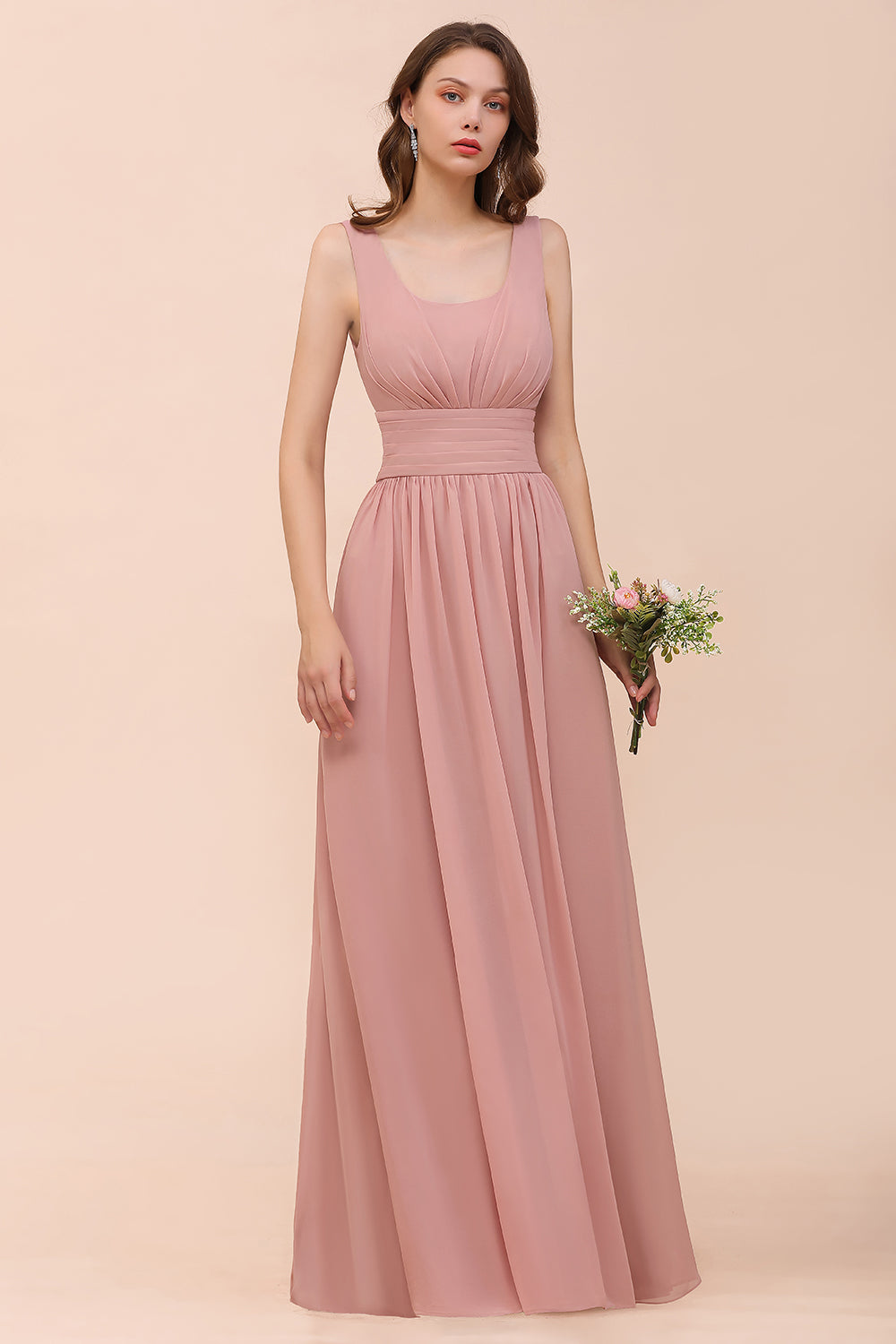 Affordable Long A-line Sleeveless Chiffon Mauve Bridesmaid Dress