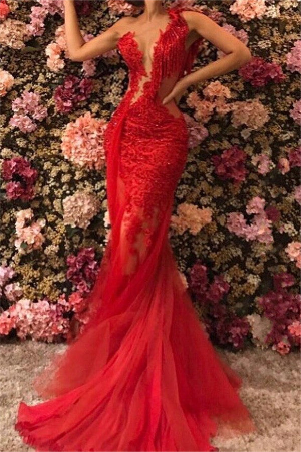 one sleeve red lace dress Gorgeous Long Red One Shoulder Graduation Dresses Glitter Lace Prom Dr Ballbella