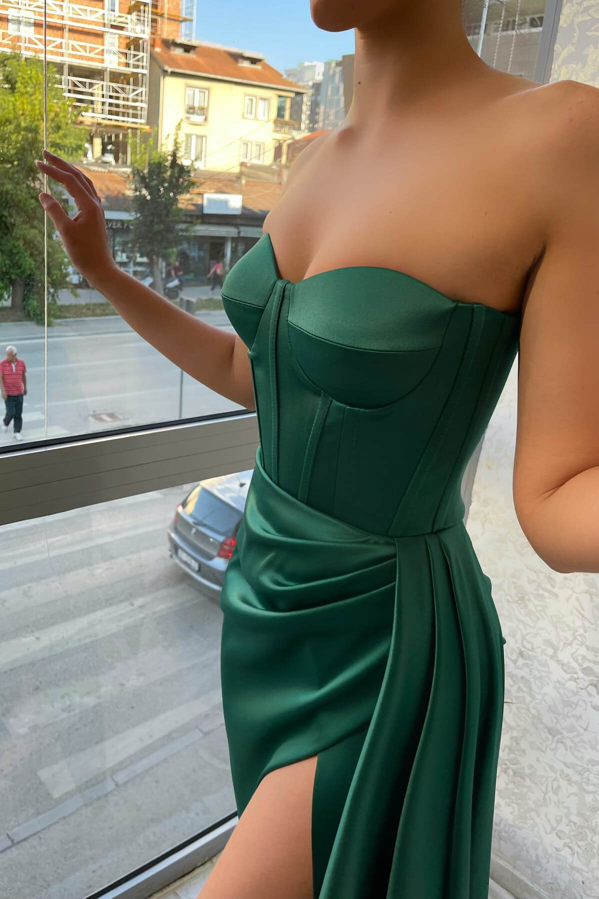 Emerald Green Sweetheart Long Mermaid Satin Prom Dress with Slit BIZTUNNEL Emerald Green Sweetheart Long Mermaid Satin Prom Dress with Slit BIZTUNNEL