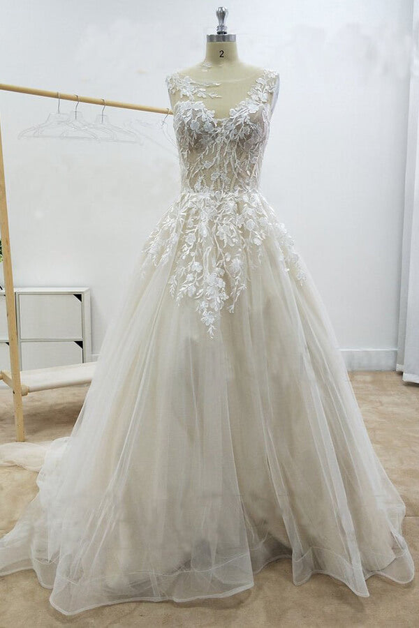Chic Long A-line V-neck Tulle Lace Chapel Train Wedding Dress with Sleeves