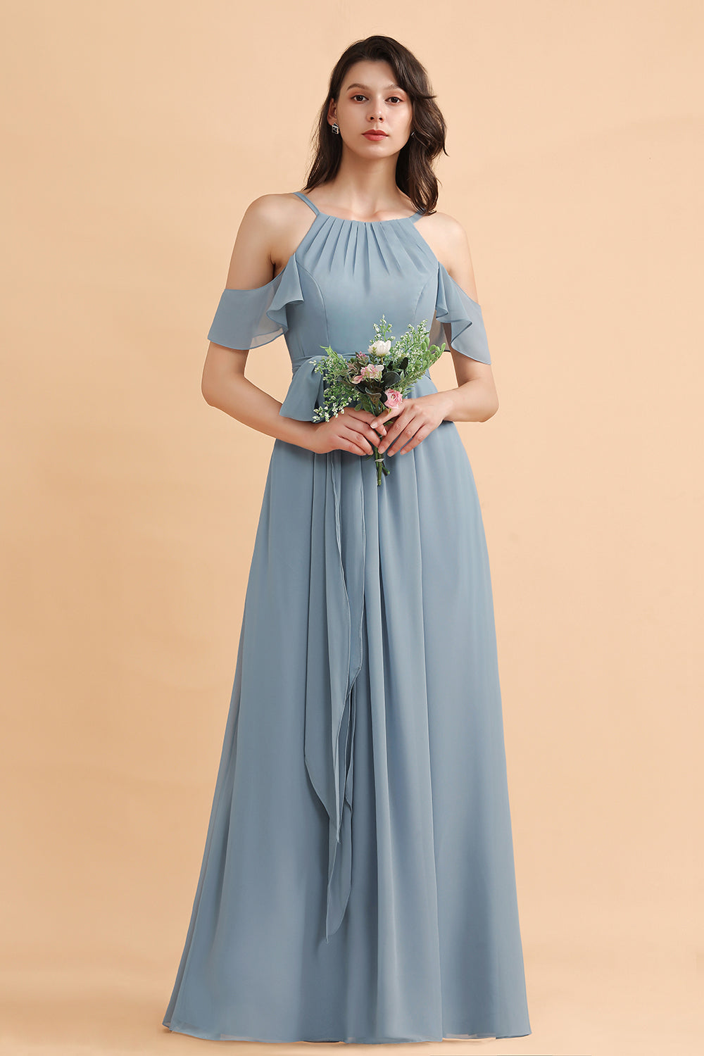 Amazing Long A-Line Off-the-Shoulder Chiffon Grey Blue Bridesmaid Dres –  BIZTUNNEL