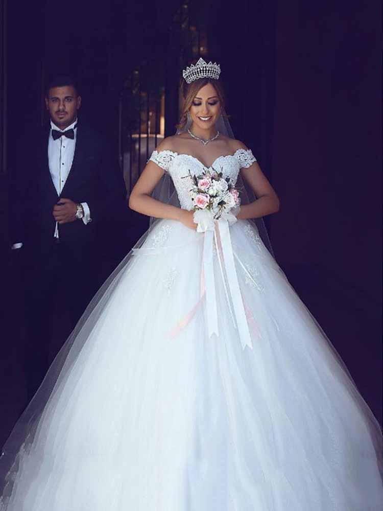 Classy Ball Gown Off The Shoulder Satin Tulle Bedaed Long Wedding Dresses main image 0