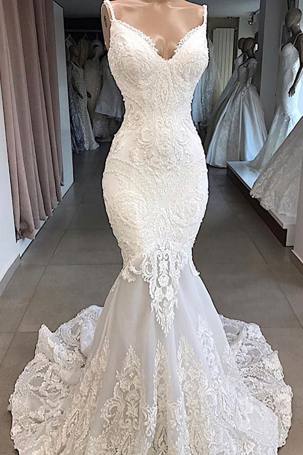 Amazing Long Mermaid Appliques Tulle Backless Wedding Dress – BIZTUNNEL