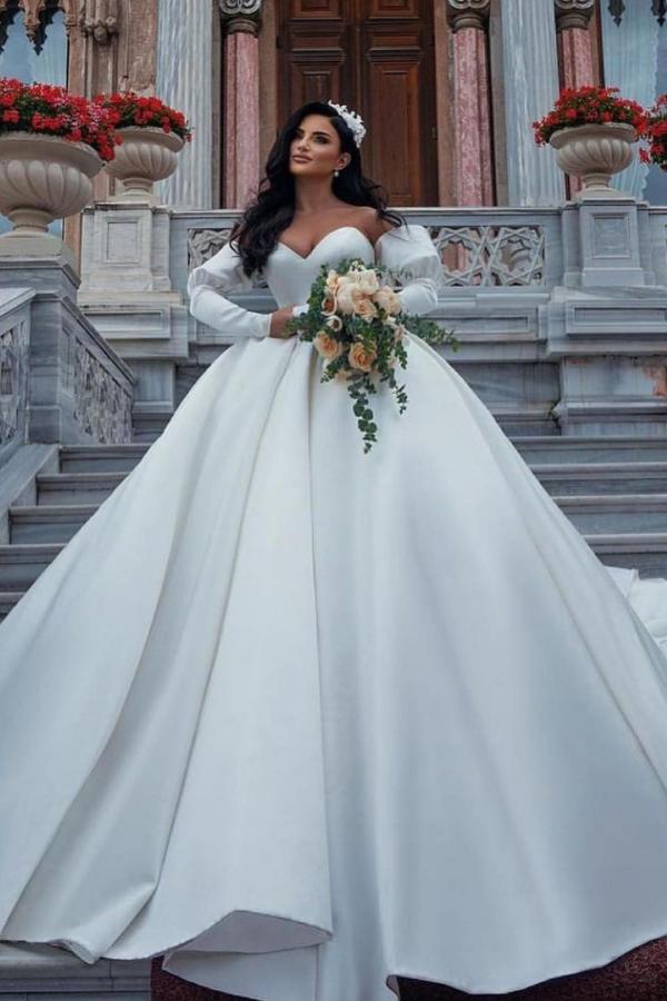 long princess dress Amazing Long Princess Satin Sweetheart Wedding Dresses with Sleeves –  BIZTUNNEL