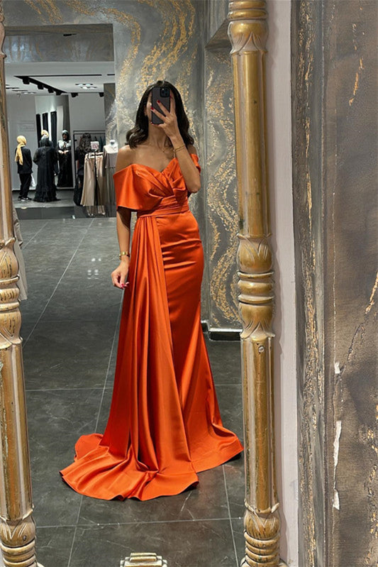 Orange Long Sweetheart Off-The-Shoulder Mermaid Satin Prom Dress