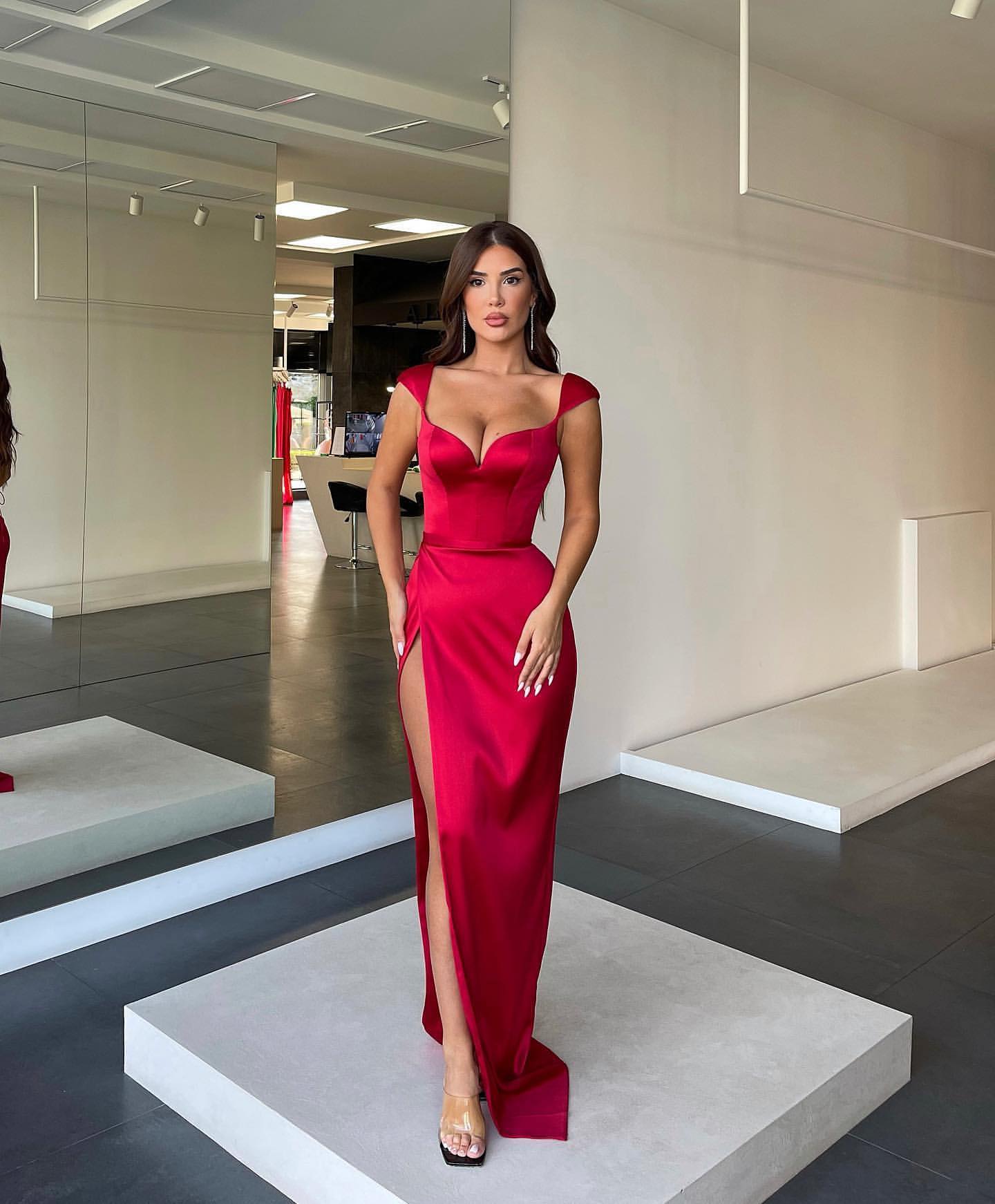 red dress with split Spaghetti Straps Sheath Long Prom Dresses With Split, Red / 2
