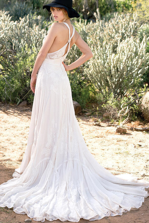 A-line Chiffon Open Back Dress With V-Neck Gold Plus Size
