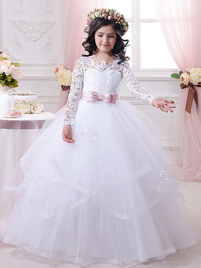 Ball Gown Cotton Long Sleeve Lace Tulle First Communion Flower Girl Dresses Ball Gown Cotton Long Sleeve Lace Tulle First Communion Flower Girl Dresses