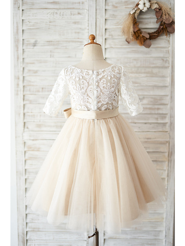 Beautiful Jewel Neck Ball Gown with Lace Tulle, Belt, Buttons, and Beading for Girls