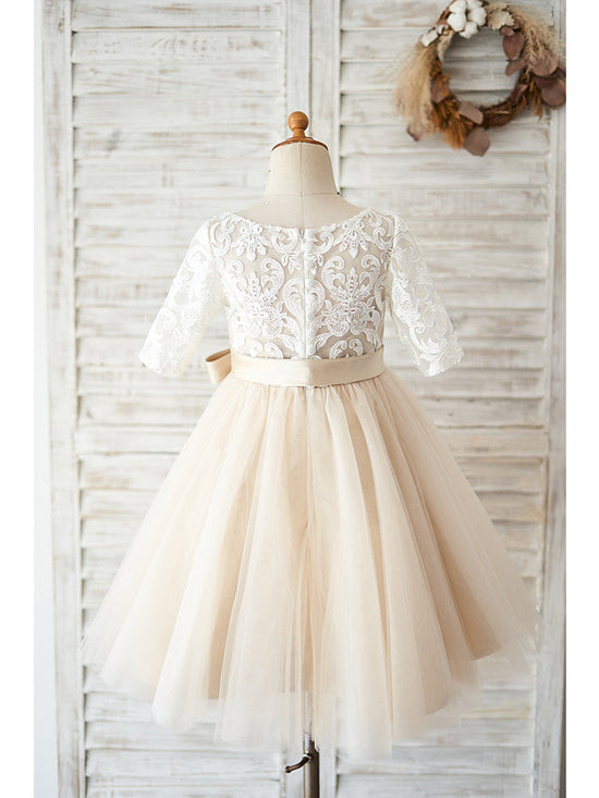 Ball Gown Lace Tulle Half Sleeve Jewel Neck Wedding Birthday Flower Girl Dresses-BIZTUNNEL
