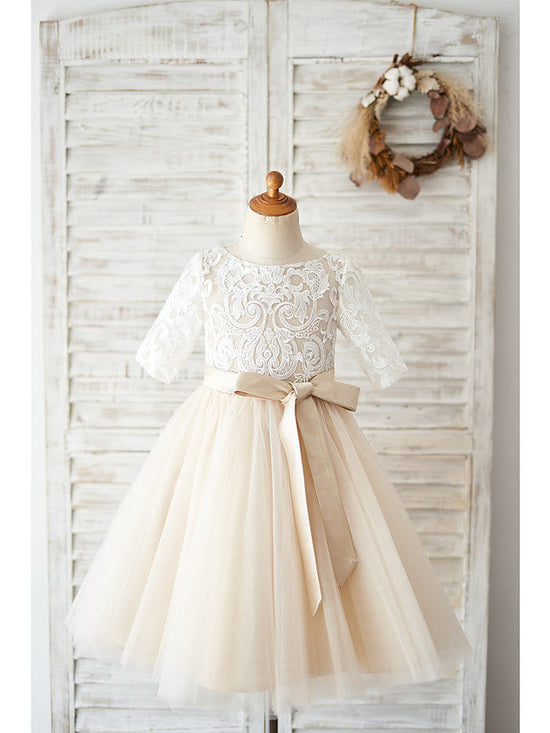 Ball Gown Lace Tulle Half Sleeve Jewel Neck Wedding Birthday Flower Girl Dresses-BIZTUNNEL