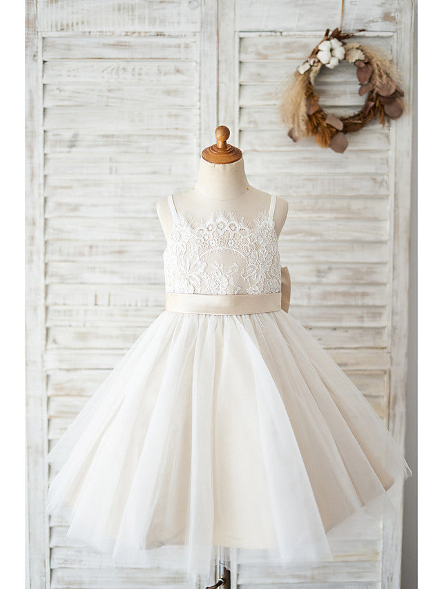 Ball Gown Lace Tulle Sleeveless Spaghetti Strap Wedding Birthday Flower Girl Dresses-BIZTUNNEL