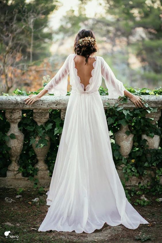 Beach Long A-line Chiffon Backless Wedding Dress with Sleeves BIZTUNNEL Beach Long A-line Chiffon Backless Wedding Dress with Sleeves BIZTUNNEL
