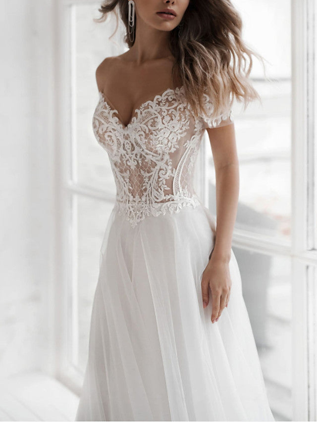 Beach Long A-Line Off the Shoulder Lace Tulle Wedding Dresses – BIZTUNNEL