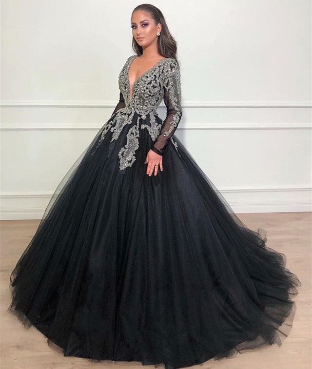 Beautiful Ball Gown V-neck Appliques Lace Long Prom Dress with Sleeves –  BIZTUNNEL