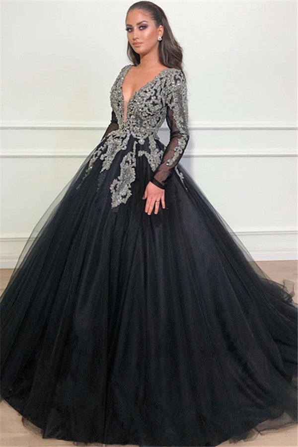 Beautiful Ball Gown V-neck Appliques Lace Long Prom Dress with Sleeves Beautiful Ball Gown V-neck Appliques Lace Long Prom Dress with Sleeves