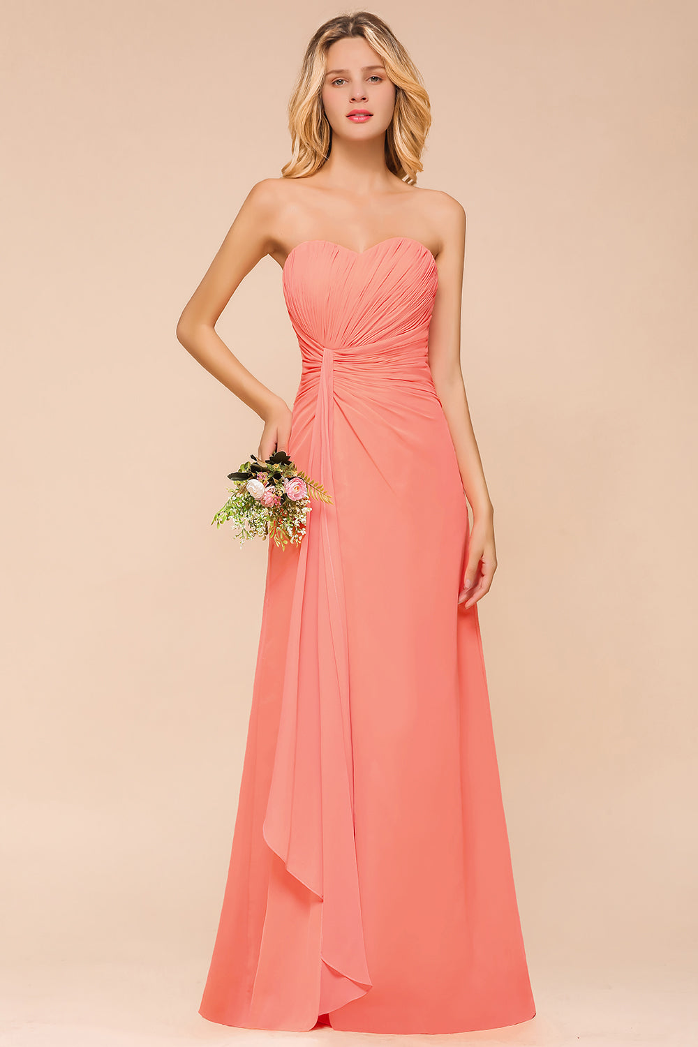 strapless peach bridesmaid dresses Beautiful Long A-line Strapless Backless Chiffon Bridesmaid Dress With Ruched